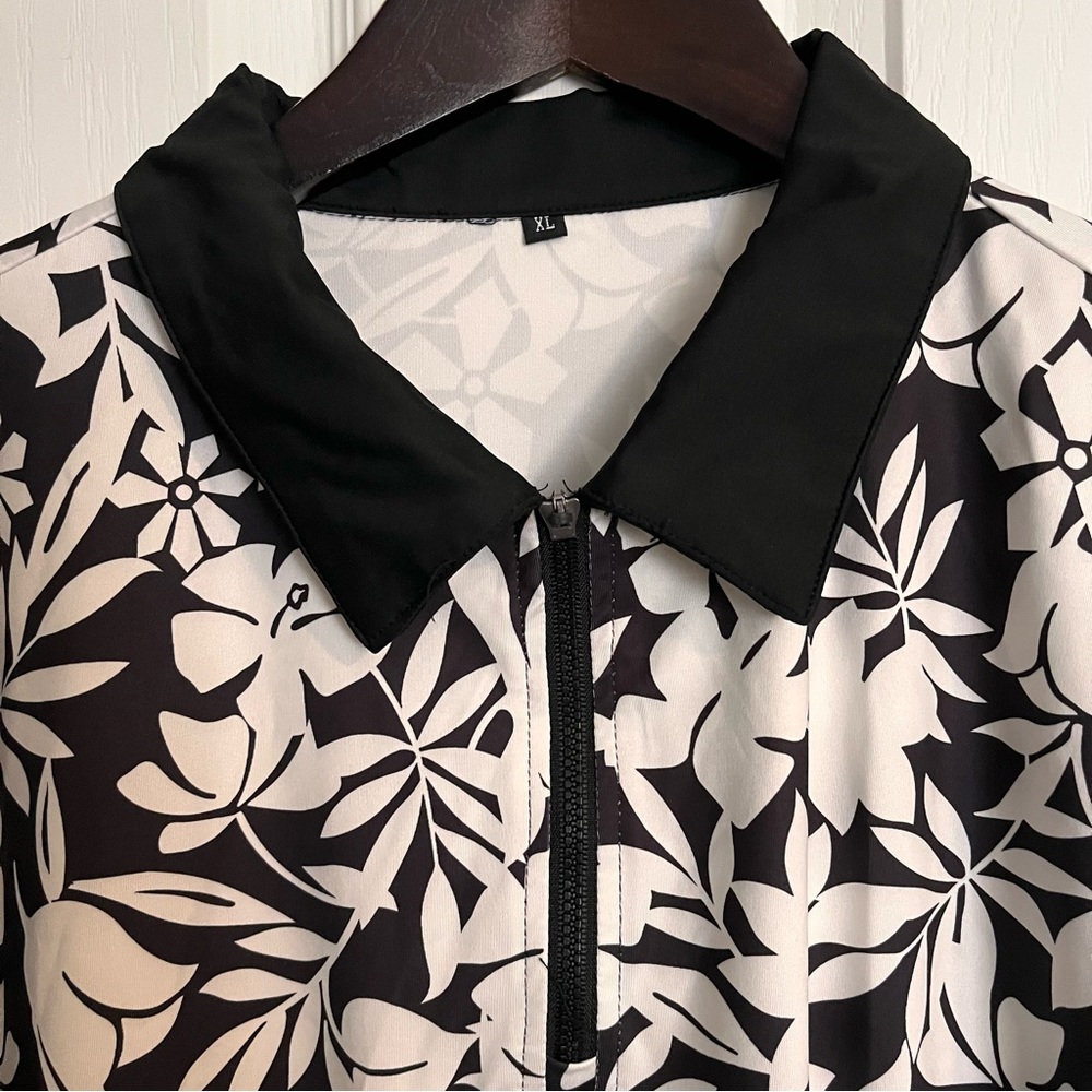 Soneven Black and White Floral 1/4 Zip Golf Polo Wicking Top Size XL - Picture 5 of 11